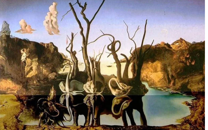 Zwanen die olifanten weerspiegelen