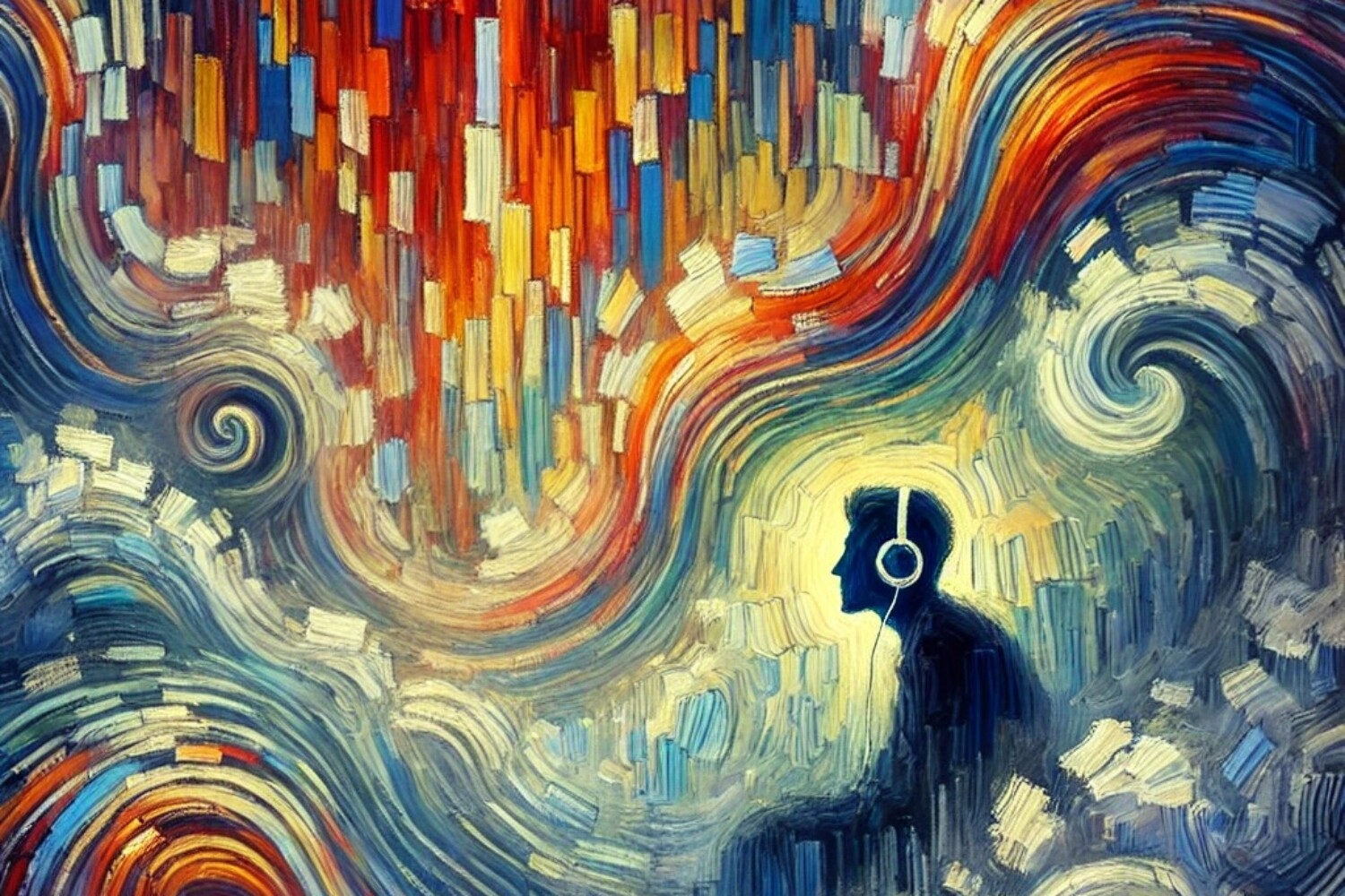 een persoon die diep geconcentreerd naar muziek luistert.