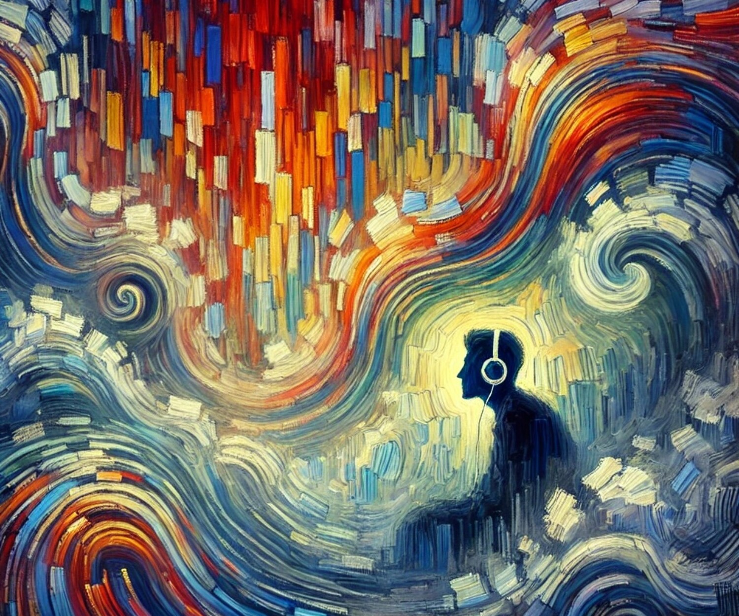 een persoon die diep geconcentreerd naar muziek luistert.