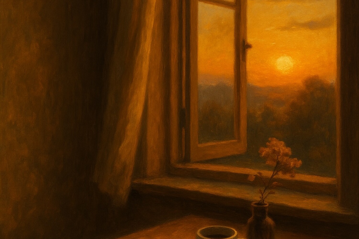 un diario con una tazza di caffè su un tavolo vicino alla finestra per l'elaborazione del lutto