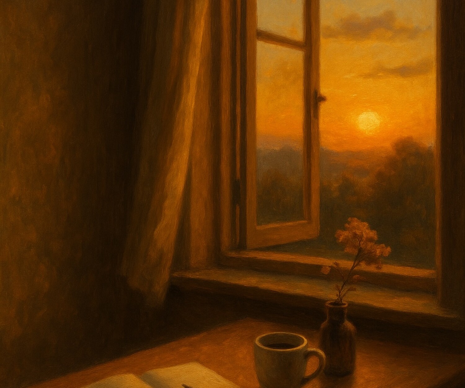 un diario con una tazza di caffè su un tavolo vicino alla finestra per l'elaborazione del lutto