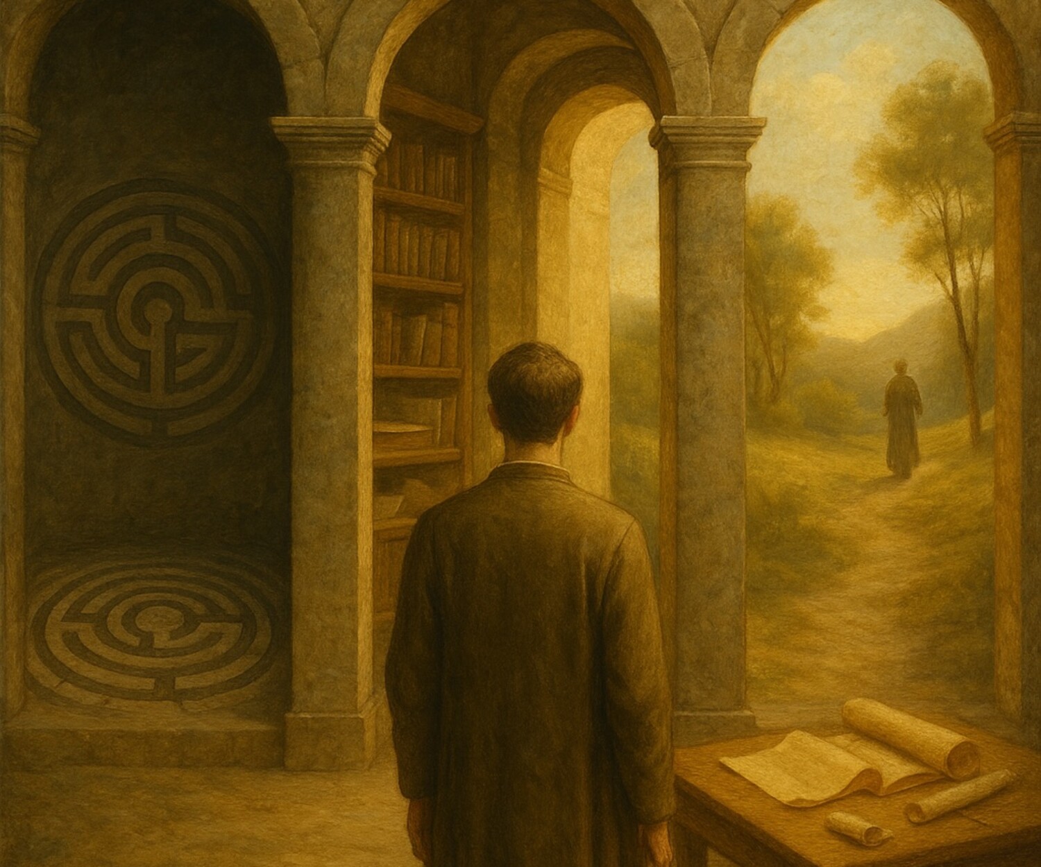 een man die staat voor 3 deuren: logica, grammatica en retorica