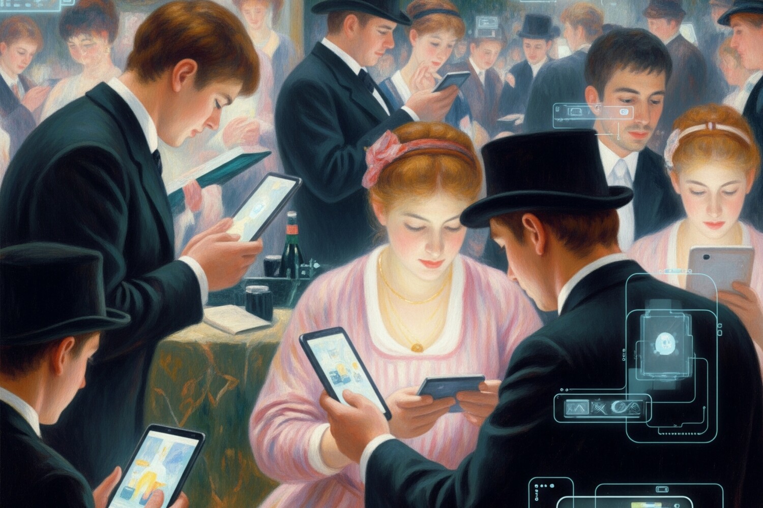 Gentiluomini e gentildonne del passato che utilizzano lo smartphone.