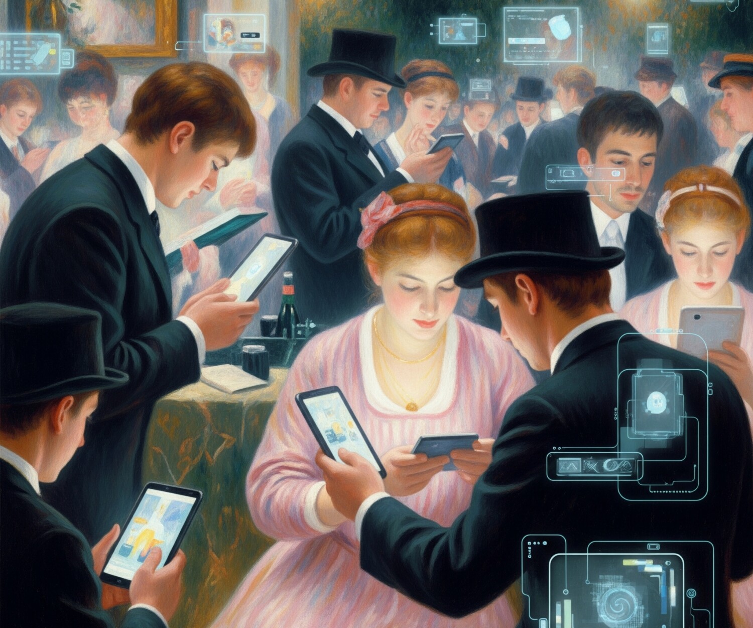 Gentiluomini e gentildonne del passato che utilizzano lo smartphone.
