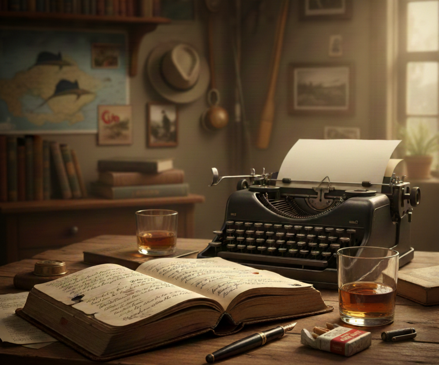 schrijfmachine op bureau met whisky en open boek