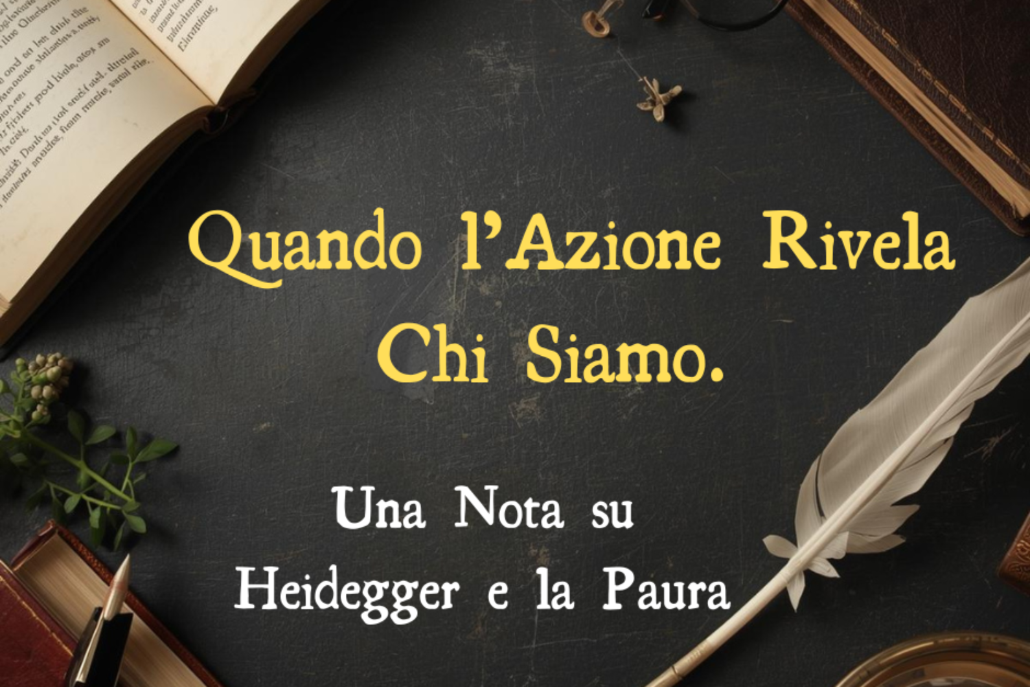 scrivania con libri e calamaio per riflessione filosofica