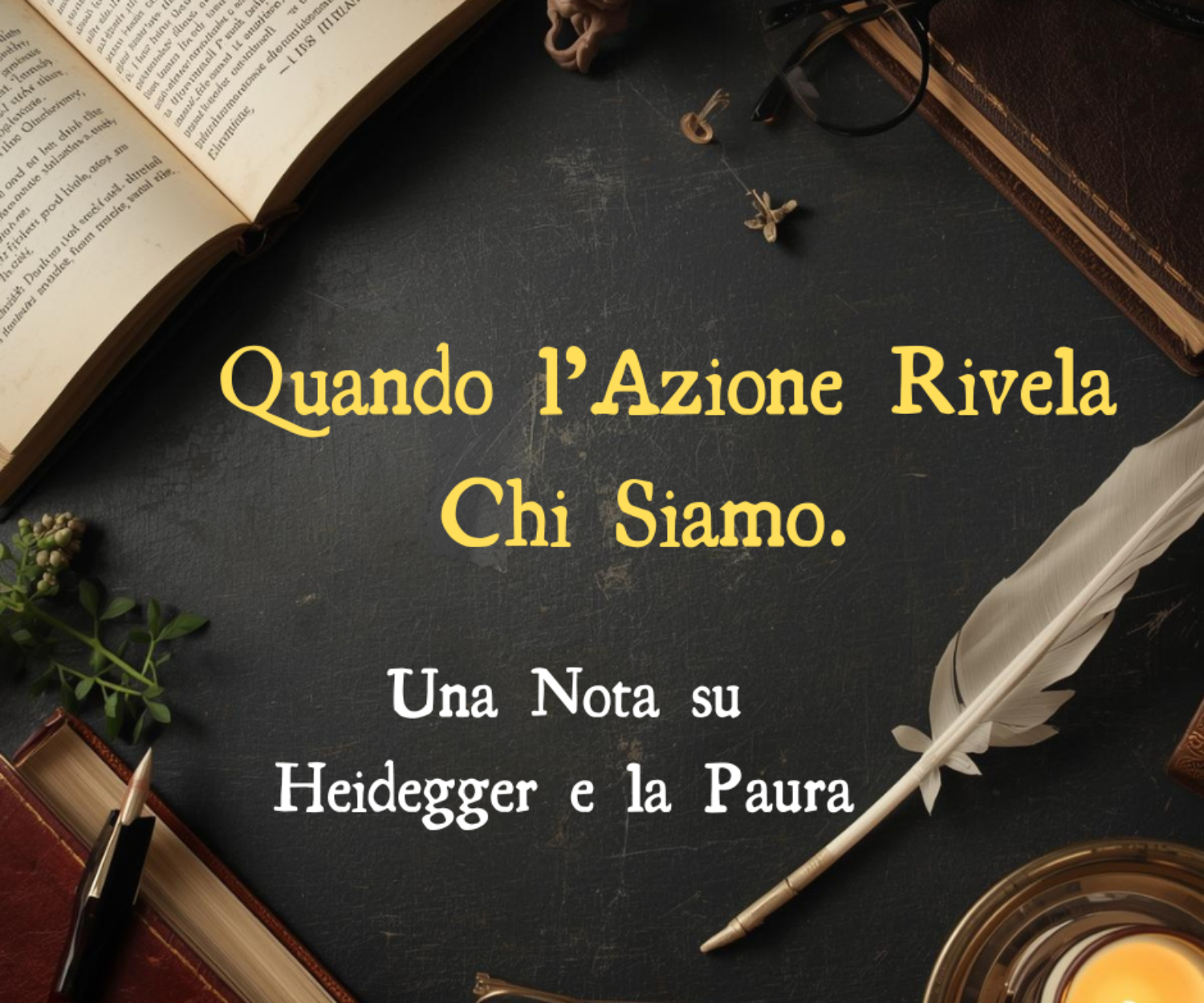 scrivania con libri e calamaio per riflessione filosofica