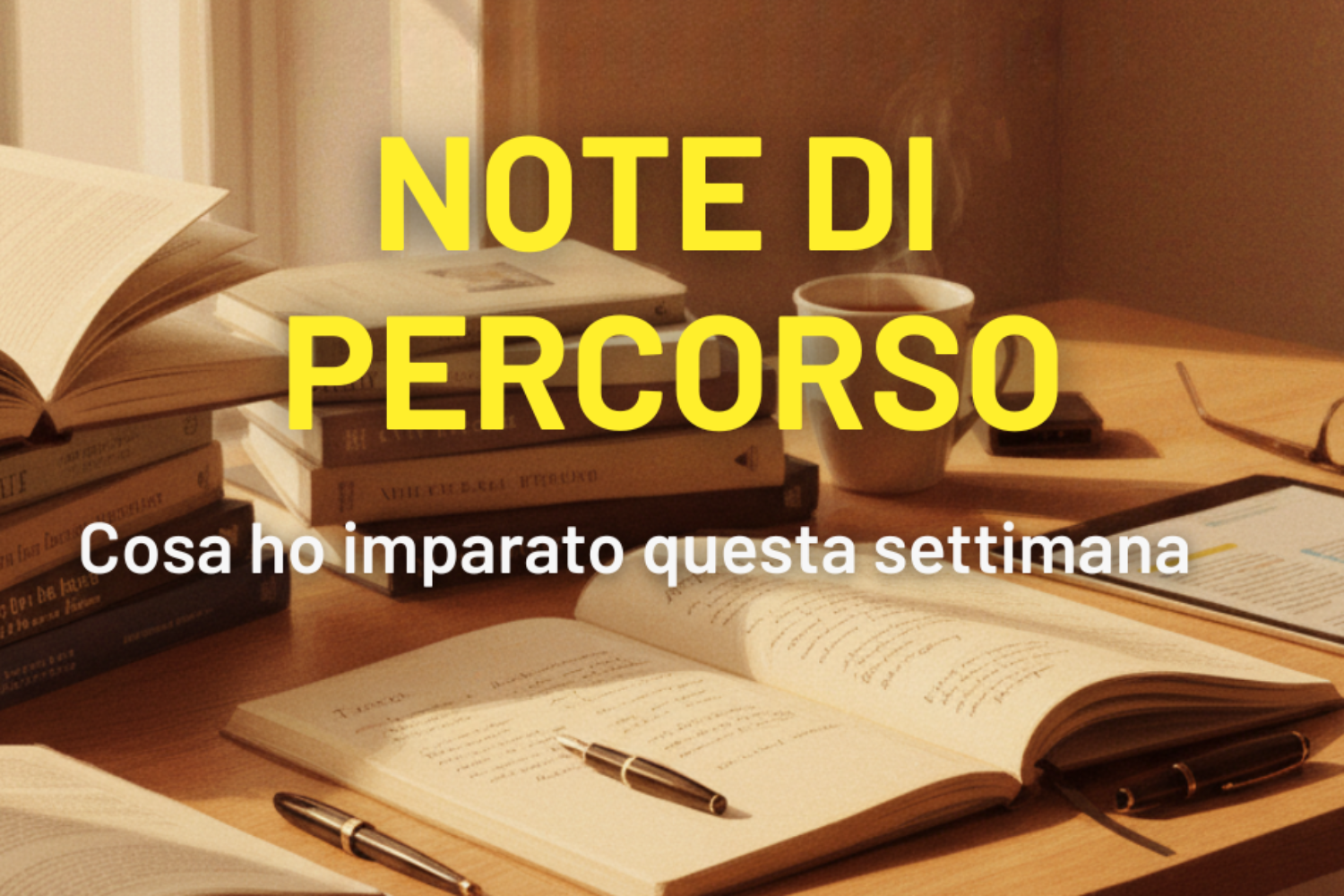 scrivania di uno studioso con libri, quaderni, penne, occhiali, tablet e caffè