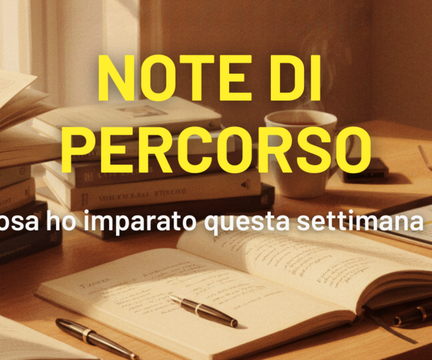 scrivania di uno studioso con libri, quaderni, penne, occhiali, tablet e caffè