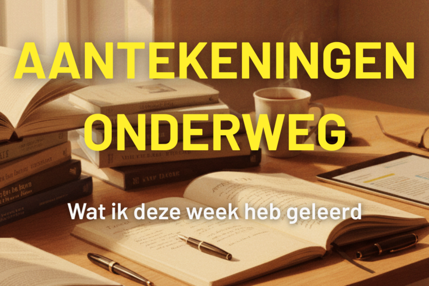 bureau met boeken, pennen, tablet en koffie